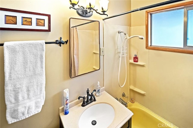 full bath featuring vanity and shower / bath combination with curtain