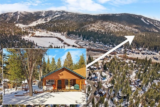 snowy aerial view featuring a mountain view