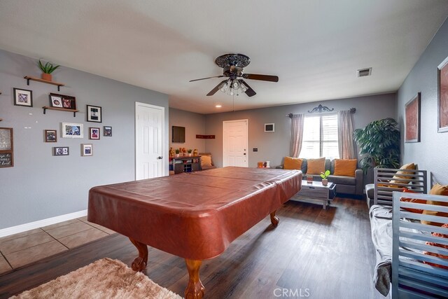 game room featuring wood finished floors, a ceiling fan, visible vents, baseboards, and pool table