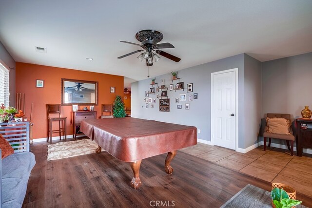 playroom with tile patterned flooring, baseboards, billiards, and a ceiling fan