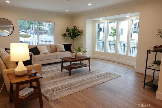 living area featuring baseboards, wood finished floors, recessed lighting, and crown molding