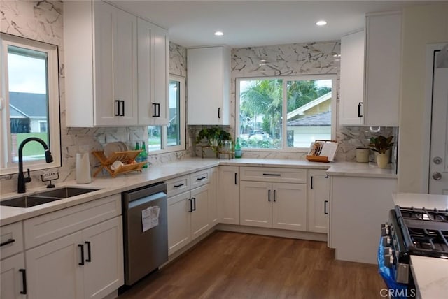 kitchen with stainless steel dishwasher, a sink, tasteful backsplash, white cabinetry, and wood finished floors