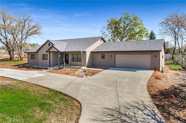 single story home with fence, driveway, an attached garage, a shingled roof, and stucco siding