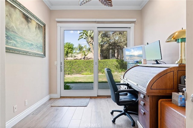 home office with wood finished floors, baseboards, and ornamental molding