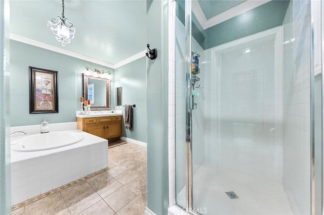 full bathroom with tile patterned flooring, ornamental molding, a stall shower, a bath, and vanity