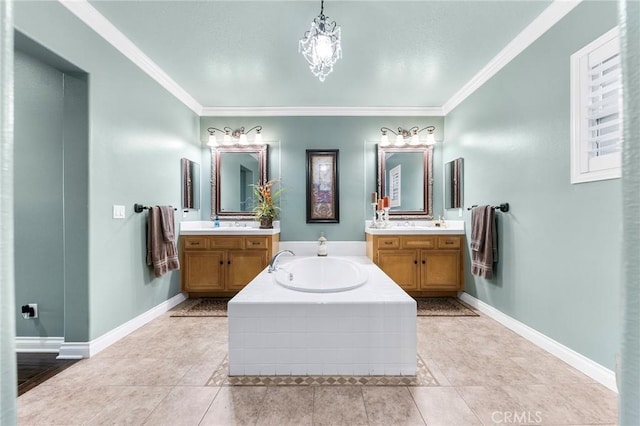 full bathroom with a garden tub, two vanities, baseboards, and ornamental molding