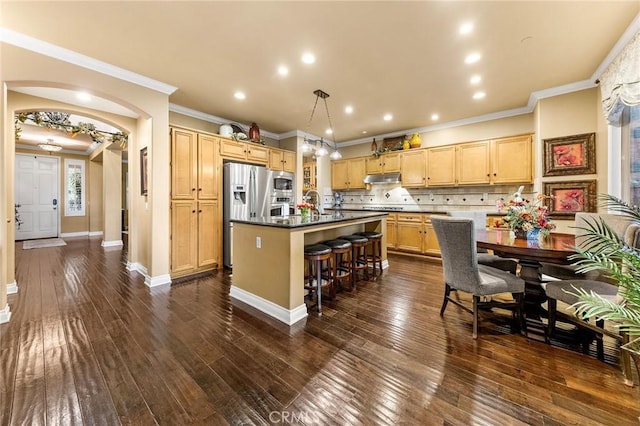 kitchen with light brown cabinetry, under cabinet range hood, dark countertops, dark wood-style floors, and stainless steel appliances