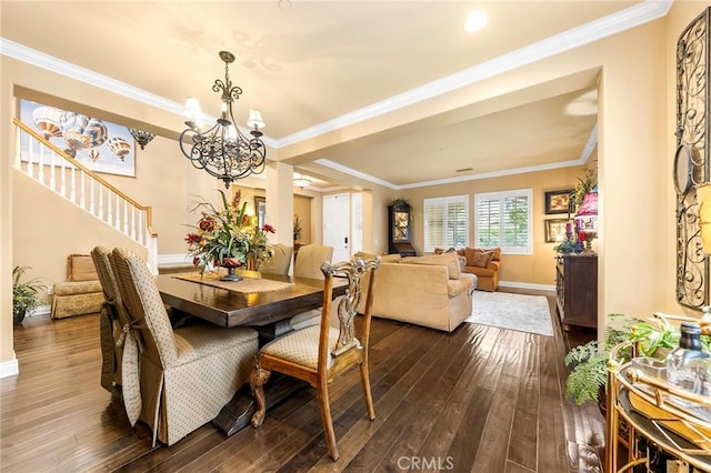 dining area featuring stairs, a notable chandelier, ornamental molding, and dark wood-style flooring