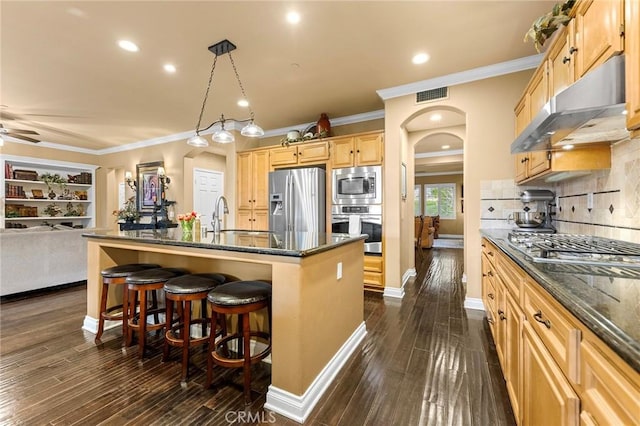 kitchen featuring visible vents, under cabinet range hood, arched walkways, stainless steel appliances, and dark wood-style flooring