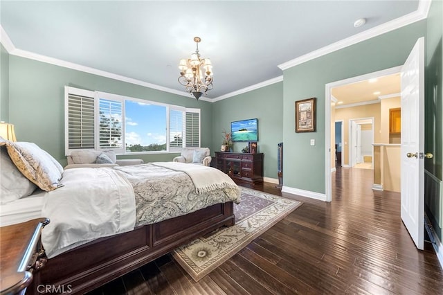 bedroom with baseboards, a chandelier, dark wood-style flooring, and ornamental molding