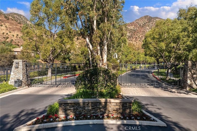 view of property's community with a gate, a mountain view, and driveway