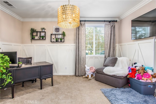 interior space featuring wainscoting, a decorative wall, ornamental molding, and visible vents