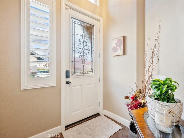 foyer entrance with baseboards and wood finished floors