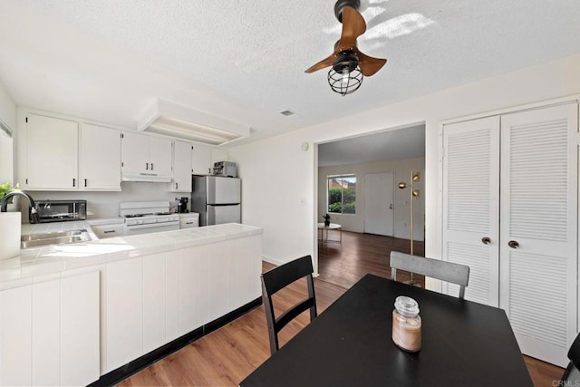 dining area featuring a ceiling fan, wood finished floors, and a textured ceiling