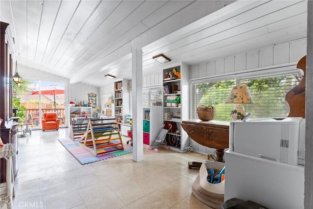 misc room featuring lofted ceiling and wooden ceiling