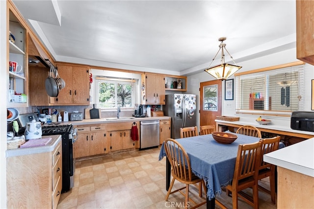 kitchen with a sink, open shelves, light countertops, and stainless steel appliances