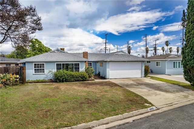 ranch-style house with stucco siding, driveway, a front lawn, fence, and a garage