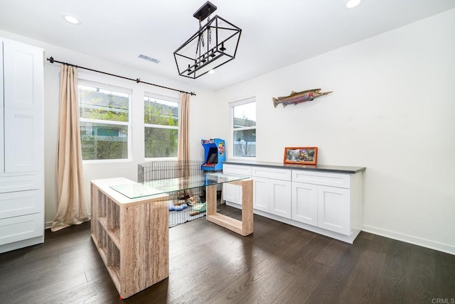 office area with recessed lighting, visible vents, baseboards, and dark wood-style floors