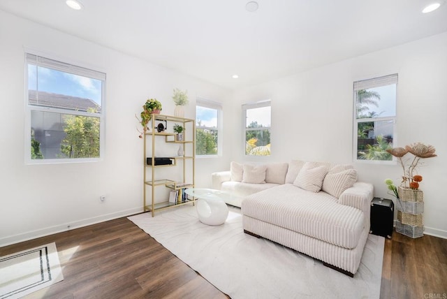 living room with recessed lighting, baseboards, and wood finished floors