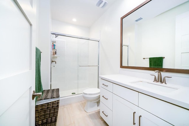 full bathroom with visible vents, vanity, toilet, and a shower stall