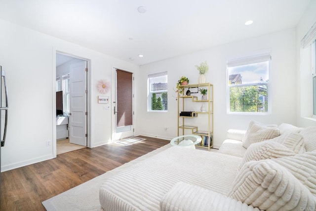 bedroom with recessed lighting, baseboards, multiple windows, and wood finished floors