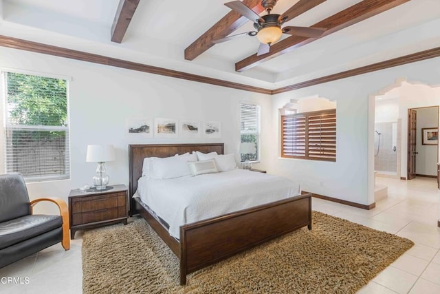 bedroom with multiple windows, beam ceiling, and light tile patterned flooring