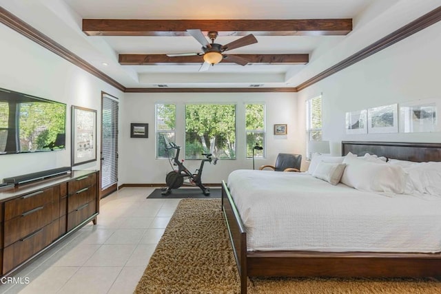 bedroom with light tile patterned floors, beam ceiling, a ceiling fan, and baseboards