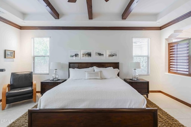 bedroom with ceiling fan, beamed ceiling, baseboards, and light tile patterned flooring