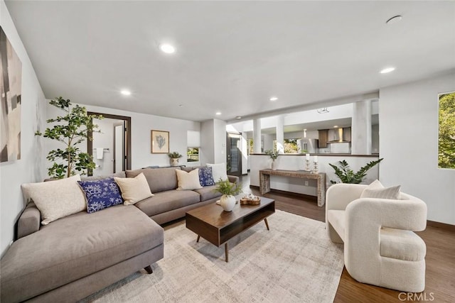 living area with recessed lighting and wood finished floors