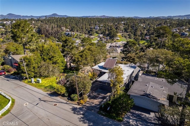 bird's eye view featuring a view of trees and a mountain view