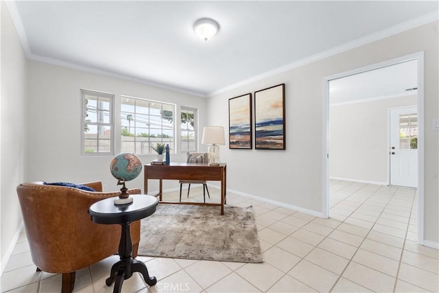 office area with crown molding, light tile patterned floors, and baseboards