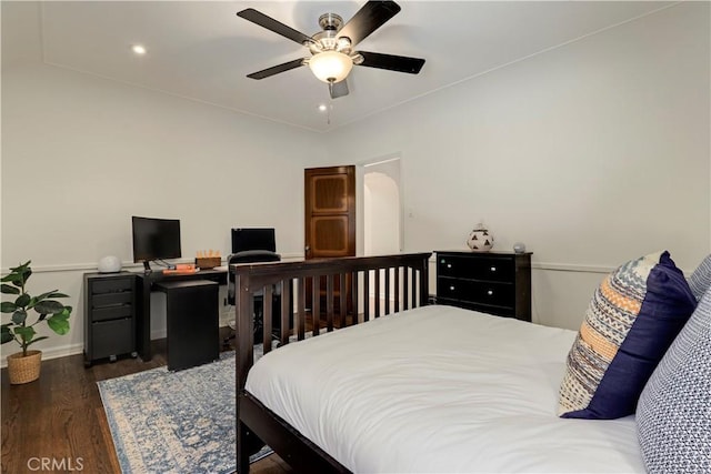 bedroom with recessed lighting, a ceiling fan, and wood finished floors