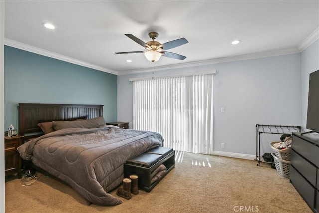 carpeted bedroom with recessed lighting, crown molding, baseboards, and ceiling fan