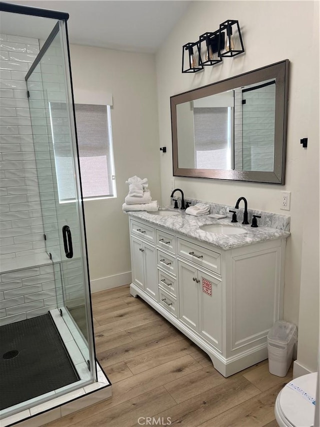 bathroom featuring a sink, toilet, wood finished floors, and a shower stall