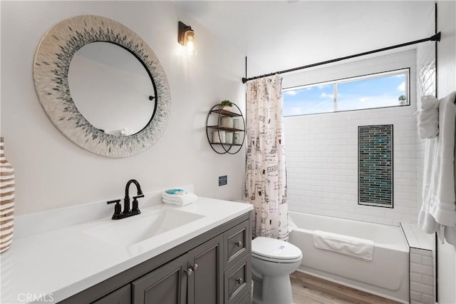 38680 Mesa Rd, Temecula, CA 92592 - bathroom with wood finished floors, vanity, shower / bathtub combination with curtain, and toilet