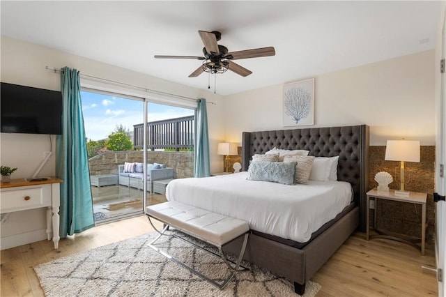 38680 Mesa Rd, Temecula, CA 92592 - bedroom featuring access to exterior, light wood-style flooring, and a ceiling fan