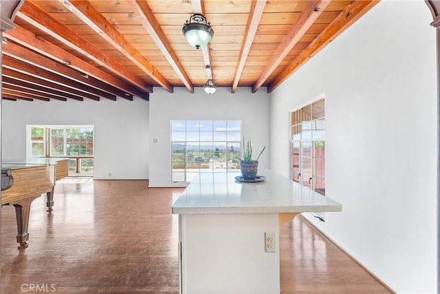 kitchen with beam ceiling, wood ceiling, light countertops, and a wealth of natural light