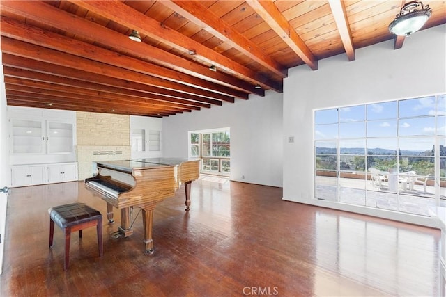 interior space featuring beam ceiling, wood ceiling, and wood finished floors