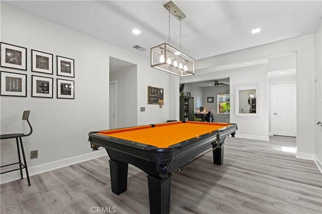 recreation room with a ceiling fan, baseboards, visible vents, light wood finished floors, and pool table