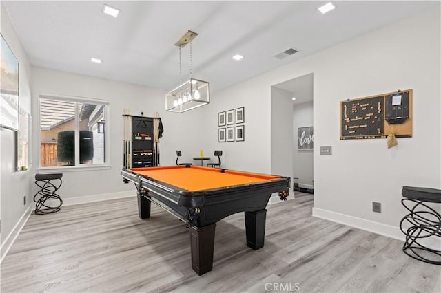 recreation room with visible vents, pool table, baseboards, and light wood-style floors