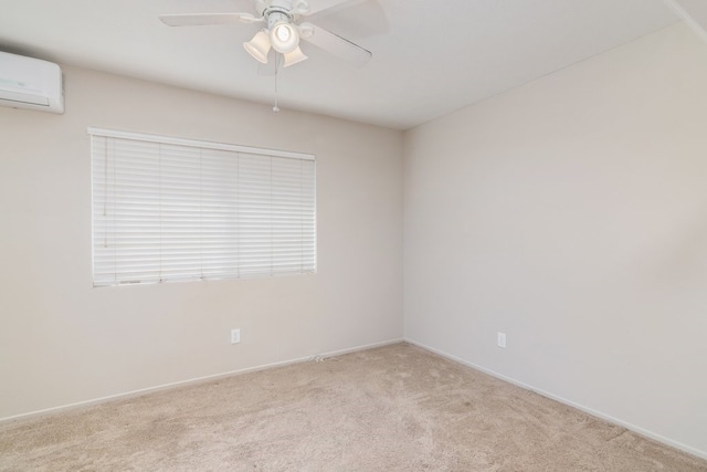 unfurnished room featuring an AC wall unit, ceiling fan, and carpet floors