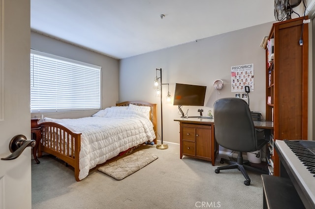 bedroom with light carpet