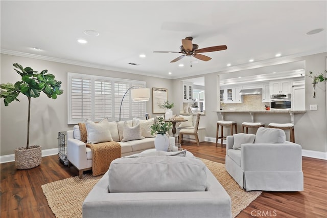 212 2nd St, Seal Beach, CA 90740 - living area featuring ornamental molding, a ceiling fan, baseboards, recessed lighting, and wood finished floors