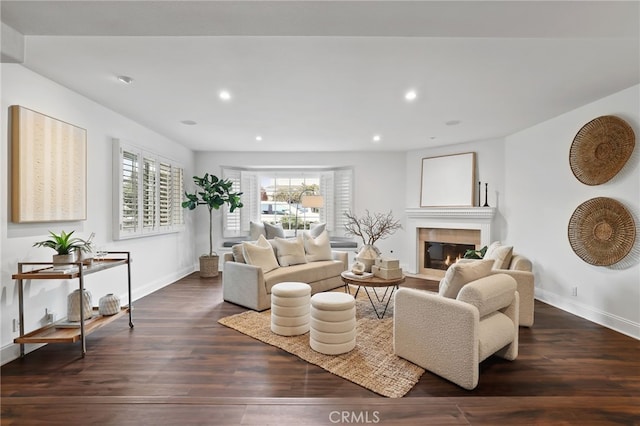 living room with a glass covered fireplace, recessed lighting, baseboards, and wood finished floors