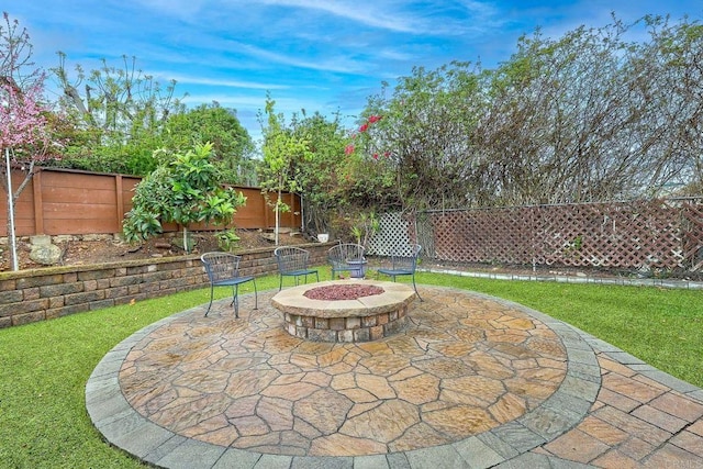 view of patio with a fenced backyard and an outdoor fire pit