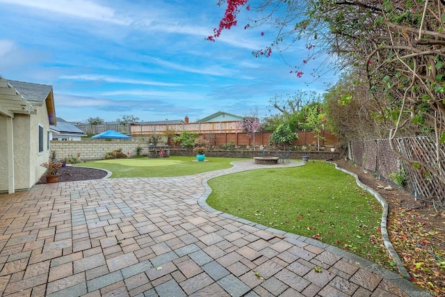 view of yard featuring a patio area and a fenced backyard