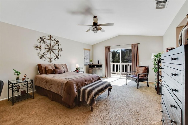 bedroom with visible vents, lofted ceiling, access to exterior, and carpet flooring