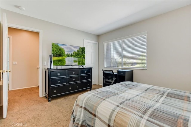 bedroom featuring a closet and light colored carpet