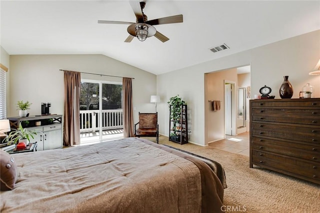 bedroom with a ceiling fan, visible vents, carpet floors, lofted ceiling, and access to outside