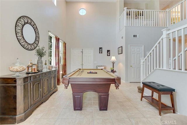 game room with light tile patterned floors, visible vents, and pool table